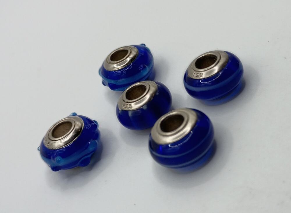 Set of 5 Blue Glass Beads – 925 Sterling Silver
